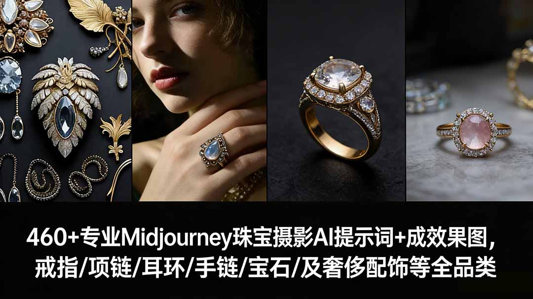 460+专业Midjourney珠宝摄影AI提示词+成效果图,戒指/项链/耳环/手链/宝石/及奢侈配饰等全品类-副业网