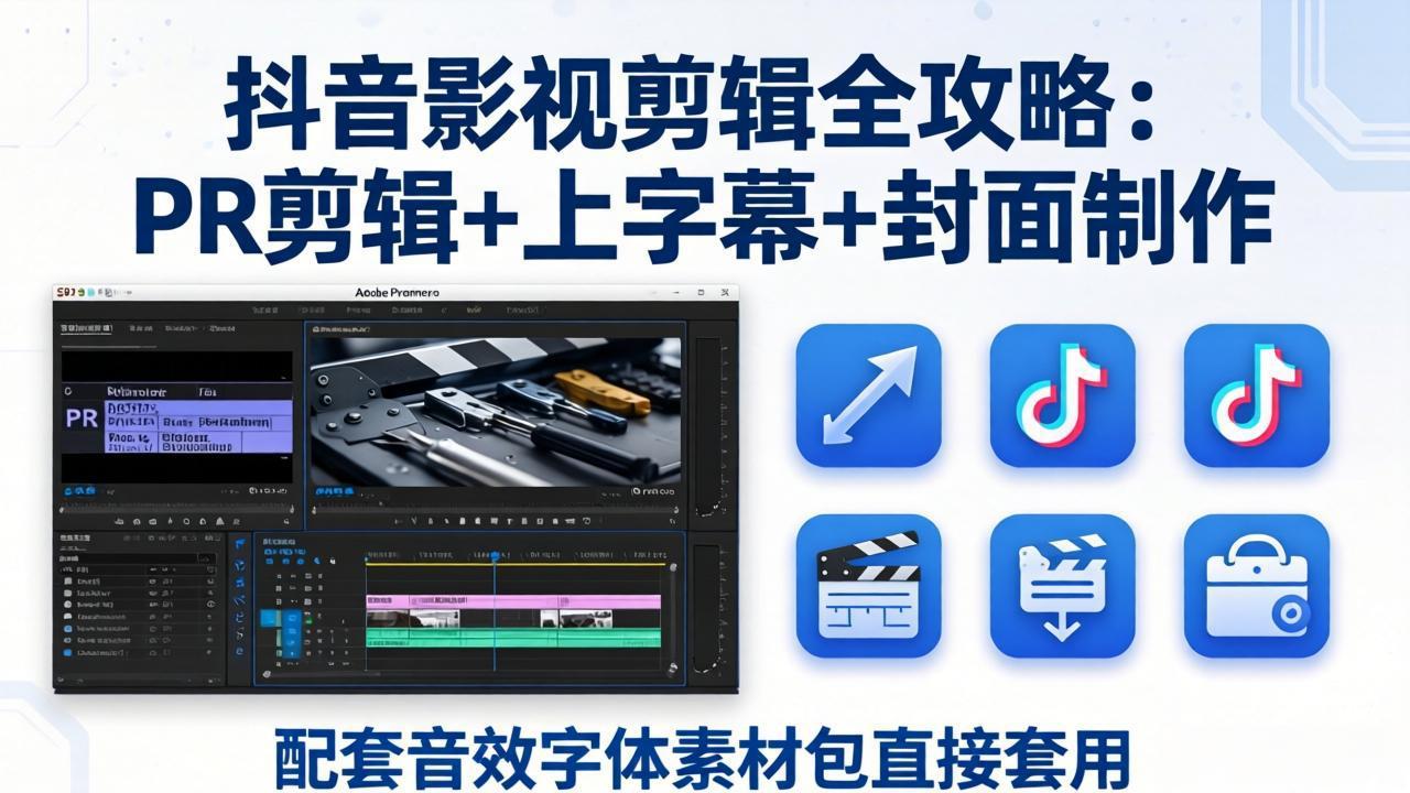 抖音影视剪辑全攻略：PR剪辑+上字幕+封面制作，配套音效字体素材包直接套用-副业网