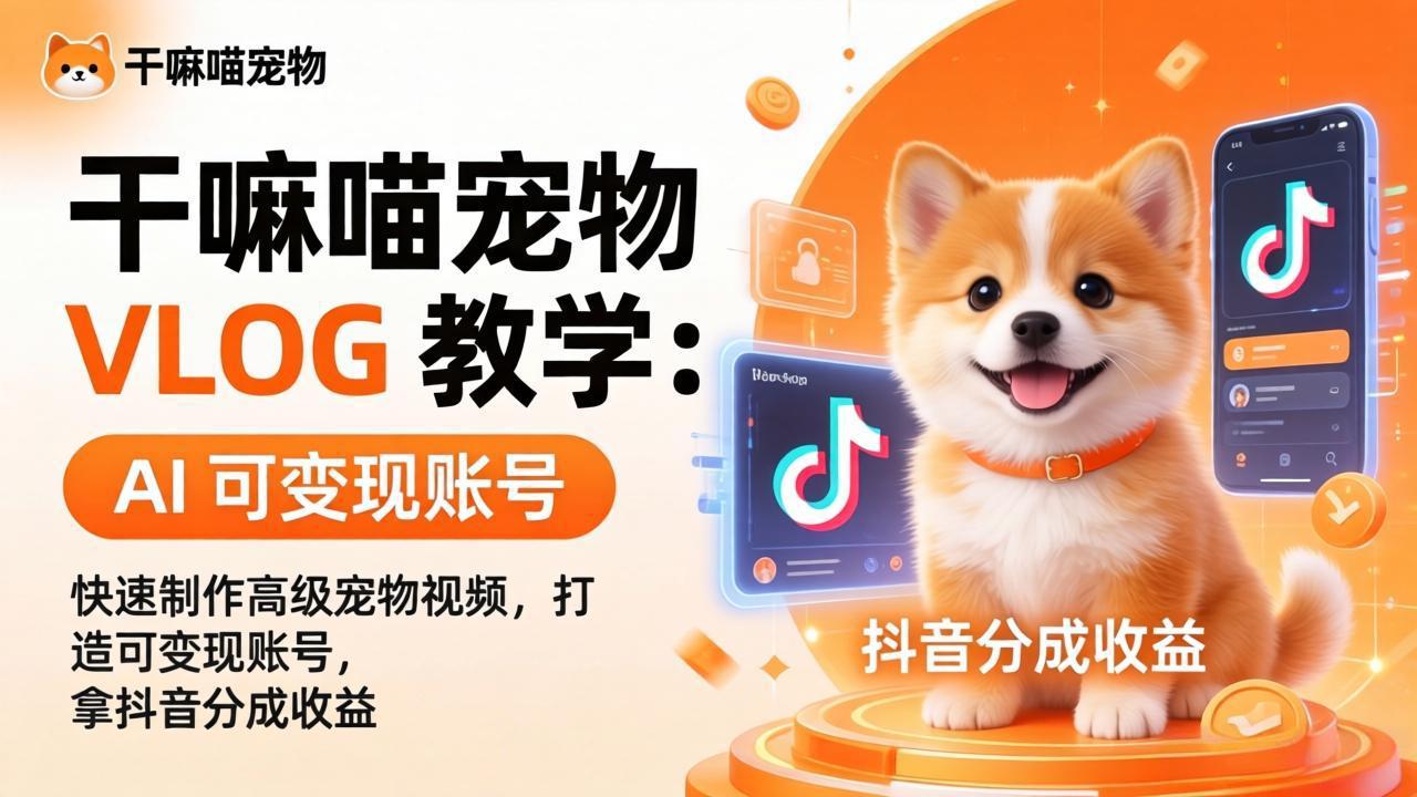 干嘛喵宠物 VLOG 教学:AI 快速制作高级宠物视频,打造可变现账号,拿抖音分成收益-副业网