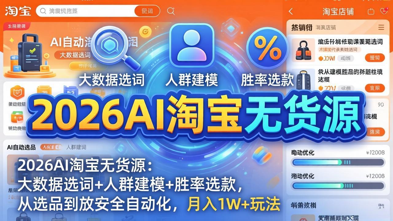 2026AI淘宝无货源-4月更新：大数据选词+人群建模+胜率选款，从选品到放大全自动化，月入1W+玩法-副业网