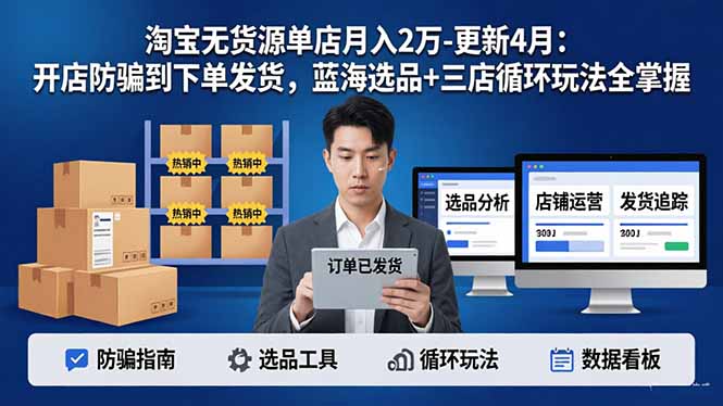 淘宝无货源5.0单店月入2万-更新4月:开店防骗到下单发货,蓝海选品+三店循环玩法全掌握-副业网