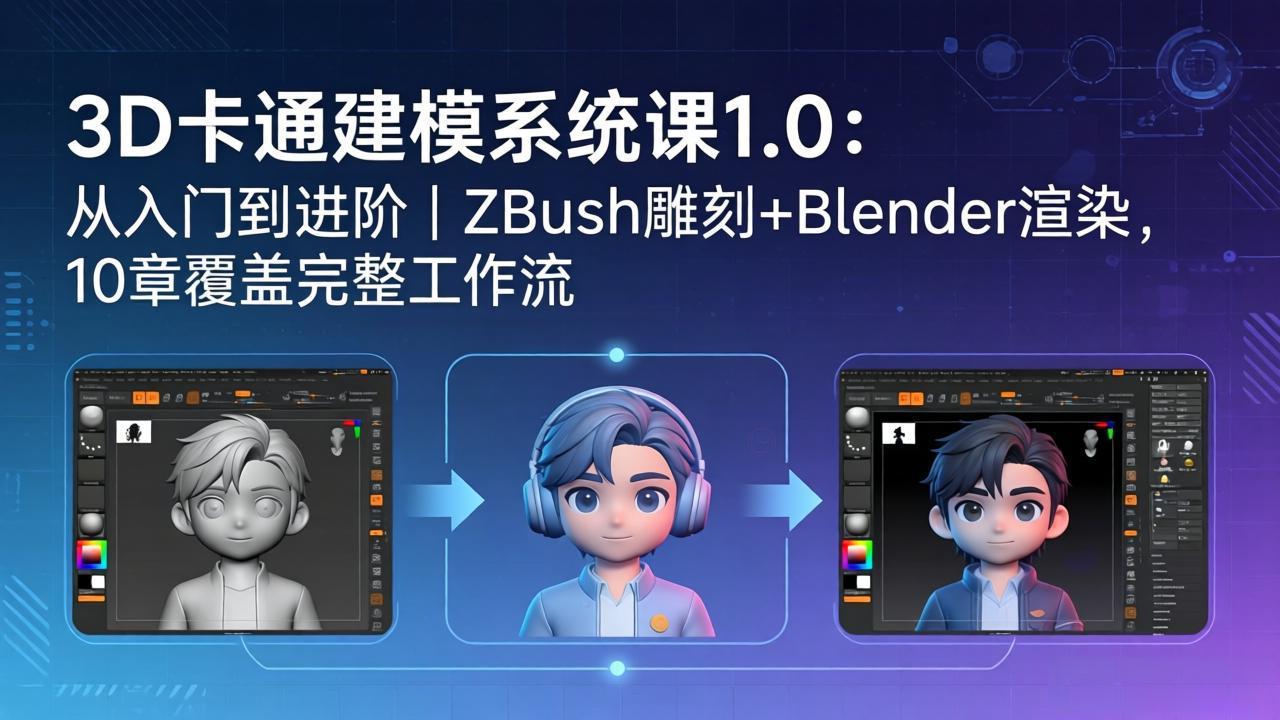 3D卡通建模系统课1.0：从入门到进阶｜ZBrush雕刻+Blender渲染，10章覆盖完整工作流-副业网