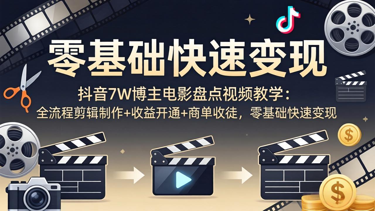 抖音7W博主电影盘点视频教学：全流程剪辑制作+收益开通+商单收徒，零基础快速变现-副业网