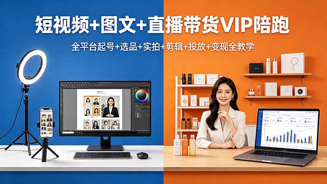 短视频+图文+直播带货VIP陪跑,全平台起号+选品+实拍+剪辑+投放+变现全教学-副业网