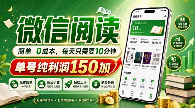 最新微信阅读，每日10分钟，单号利润150+，可批量放大操作，简单0成本-副业网