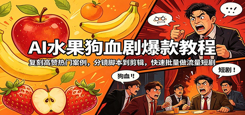 AI水果狗血剧爆款教程:复刻高赞热门案例,分镜脚本到剪辑,快速批量做流量短剧-副业网