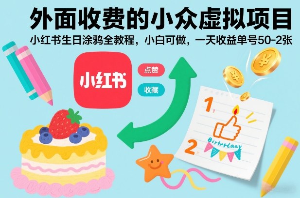 外面收费的小众虚拟项目,小红书生日涂鸦全教程,小白可做,一天收益单号50-2张-副业网