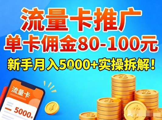 流量卡推广,单卡佣金80-100,新手月入5k+实操拆解!-副业网