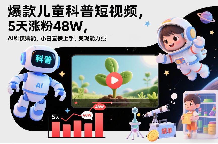 爆款儿童科普短视频，5天涨粉48W，AI科技赋能，小白直接上手，变现能力强，橱窗带货爆单不停-副业网