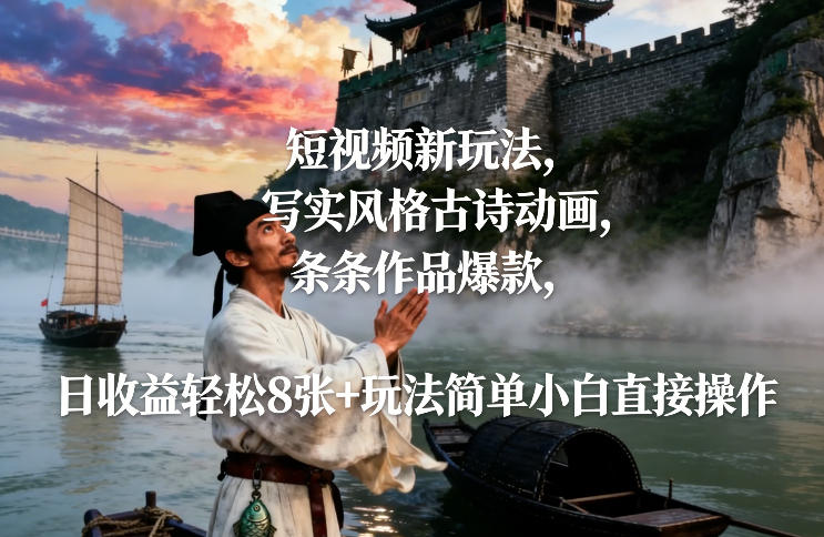 短视频新玩法,写实风格古诗动画,条条作品爆款,日收益轻松8张+玩法简单小白直接操作-副业网