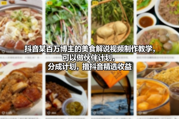 抖音某百万博主的美食解说视频制作教学，可以做伙伴计划，分成计划，撸抖音精选收益(更新)-副业网