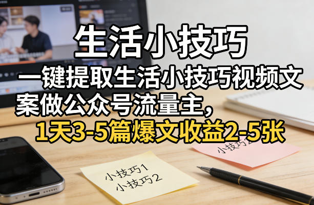 一键提取生活小技巧视频文案做公众号流量主,1天3-5篇爆文收益2-5张-副业网