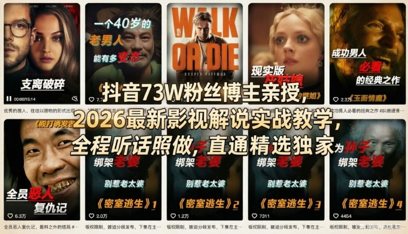 抖音73W粉丝博主亲授,2026最新影视解说实战教学,全程听话照做,直通精选独家-副业网