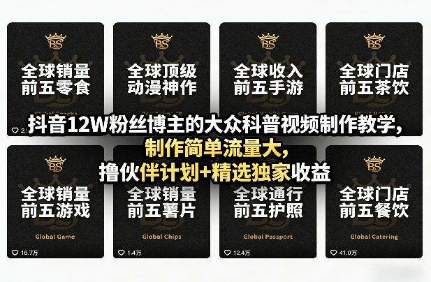 抖音12W粉丝博主的大众科普视频制作教学,制作简单流量大,撸伙伴计划+精选独家收益-副业网