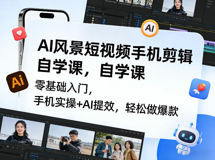 AI风景短视频手机剪辑自学课,零基础入门,手机实操+AI提效,轻松做爆款-副业网