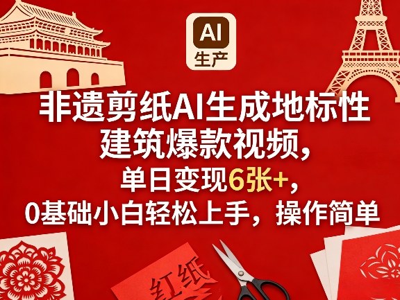 非遗剪纸AI生成地标性建筑爆款视频,单日变现6张+,0基础小白轻松上手,操作简单-副业网