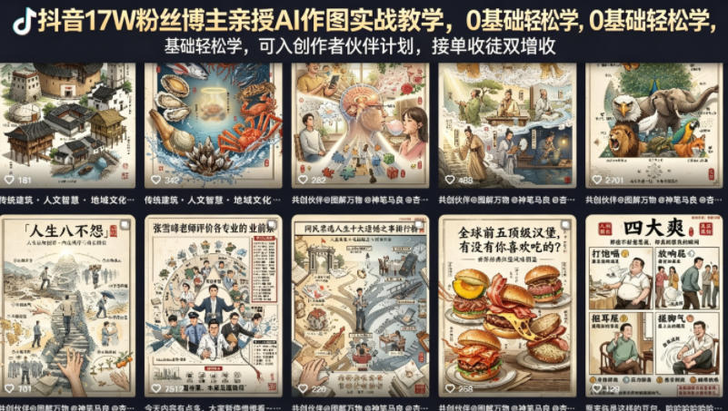 抖音17W粉丝博主亲授AI作图实战教学,0基础轻松学,可入创作者伙伴计划,接单收徒双增收-副业网