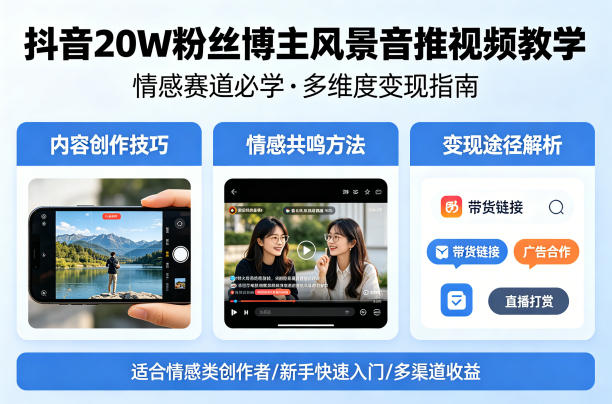 抖音20W粉丝博主风景音推视频教学,情感赛道必学,各种变现途径-副业网