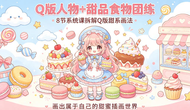 Q版人物+甜品食物团练,8节系统课拆解Q版甜系画法,画出属于自己的甜蜜插画世界-副业网