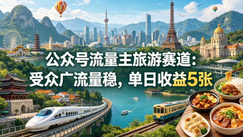 公众号流量主之旅游赛道,受众广+流量稳,平均单日收益5张+-副业网