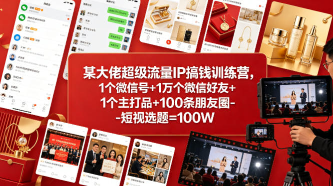某大佬超级流量IP搞钱训练营,1个微信号+1万个微信好友+1个主打品+100条朋友圈-短视选题=100W-副业网