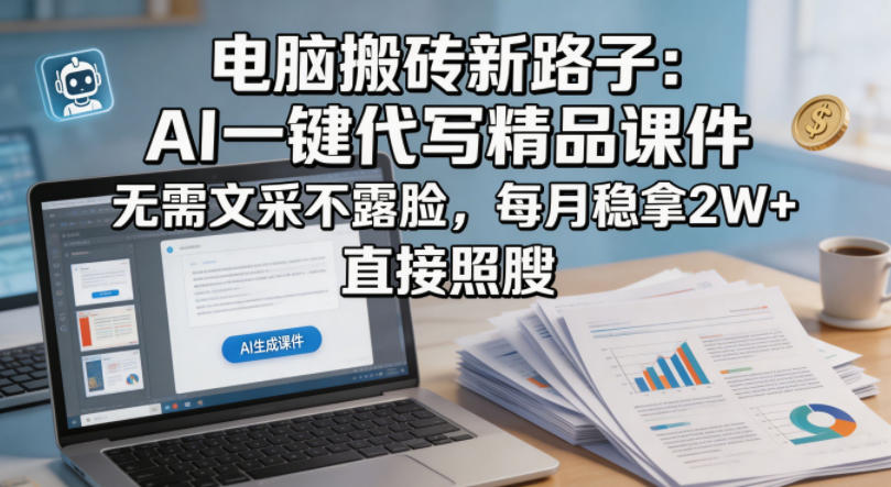 电脑搬砖新路子:AI一键代写精品课件,无需文采不露脸,每月稳拿2W+,直接照搬-副业网