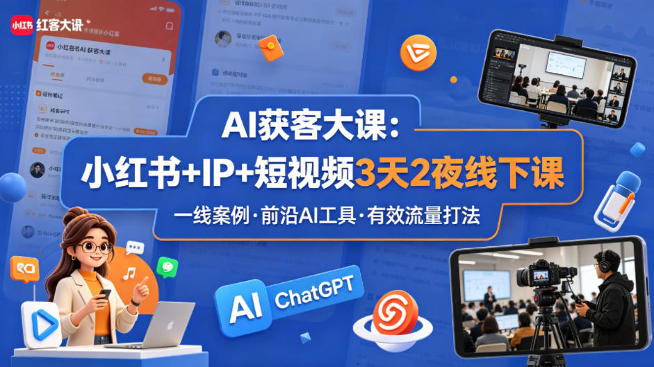 AI获客大课小红书+IP+短视频3天2夜线下课,用最真实的一线案例,最前沿的AI工具,最有效的流量打法-副业网