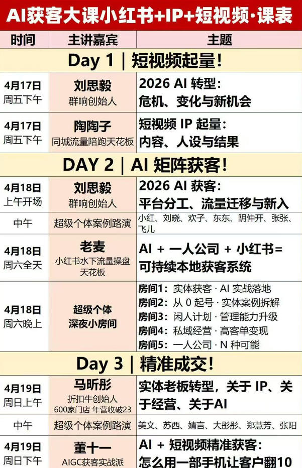 图片[2]-AI获客大课小红书+IP+短视频3天2夜线下课，用最真实的一线案例，最前沿的AI工具，最有效的流量打法-副业网