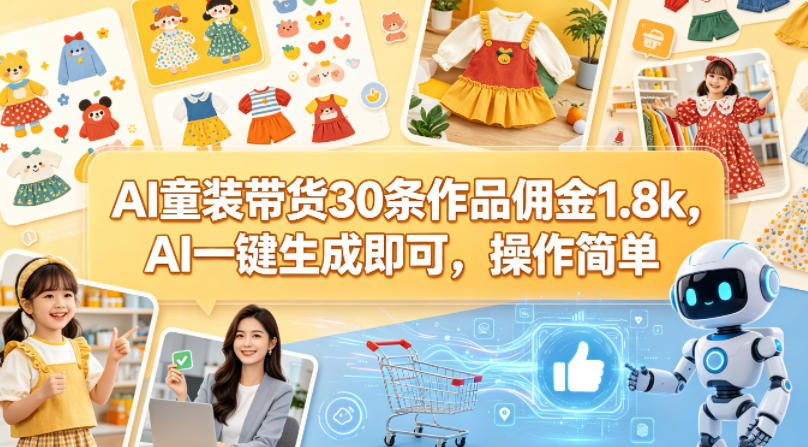 AI童装带货30条作品佣金1.8k,AI一键生成即可,操作简单-副业网