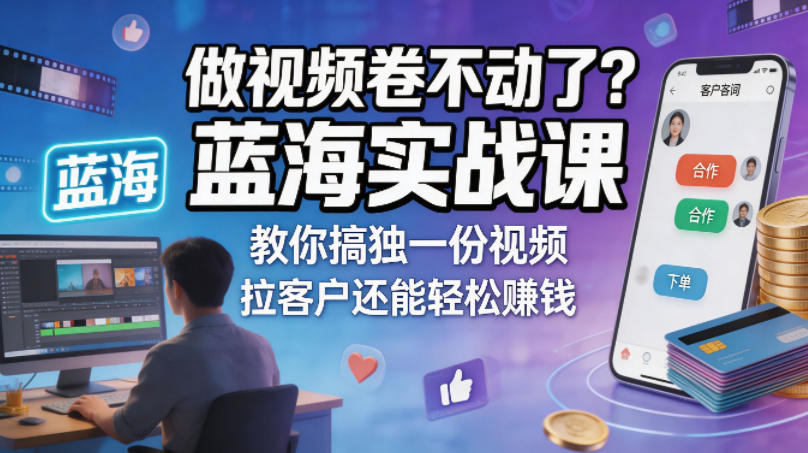 做视频卷不动了?蓝海实战课教你搞独一份视频,拉客户还能轻松賺钱!【原创双语字幕】-副业网
