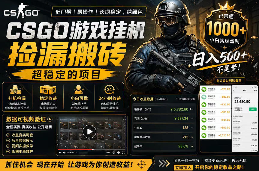 CSGO游戏搬砖,全自动挂G,不需要玩游戏,手机操作日入300+,解放双手【揭秘】-副业网