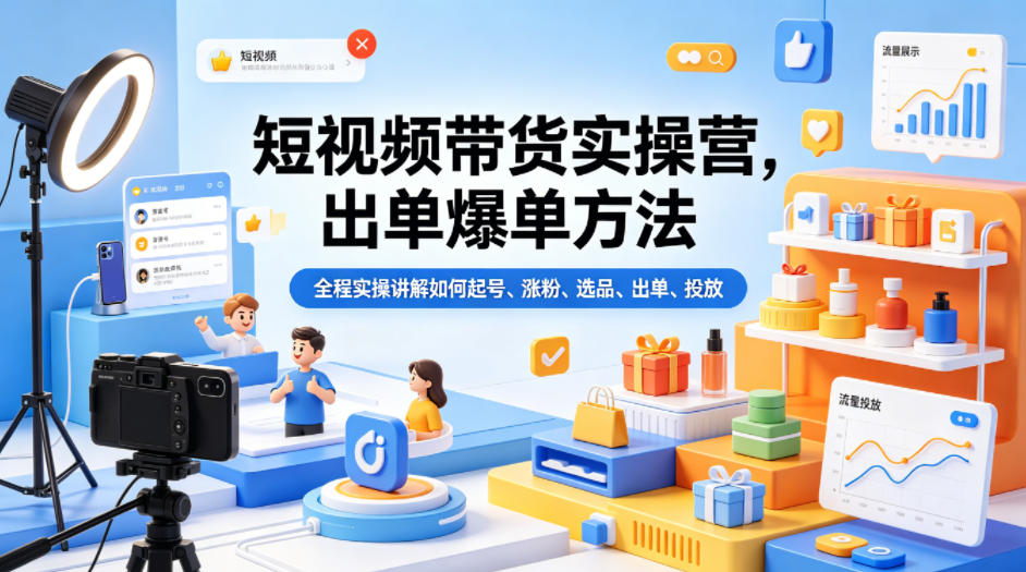 短视频带货实操营，出单爆单方法，全程实操讲解如何起号、涨粉、选品、出单、投放-副业网
