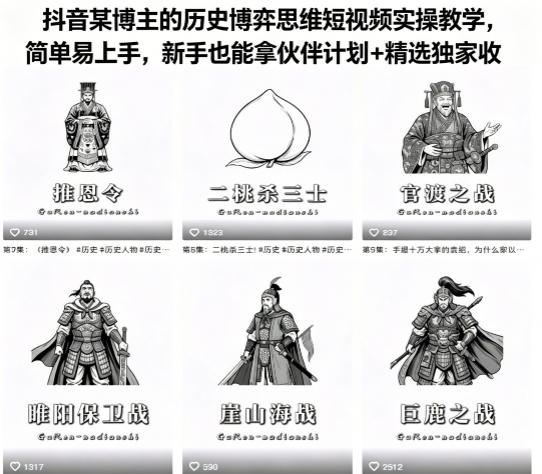 抖音某博主的历史博弈思维短视频实操教学,简单易上手,新手也能拿伙伴计划+精选独家收益-副业网