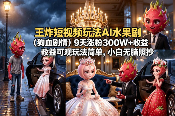 王炸短视频玩法AI水果剧(狗血剧情)9天涨粉300W+收益可观玩法简单,小白无脑照抄,详细拆解玩法-副业网