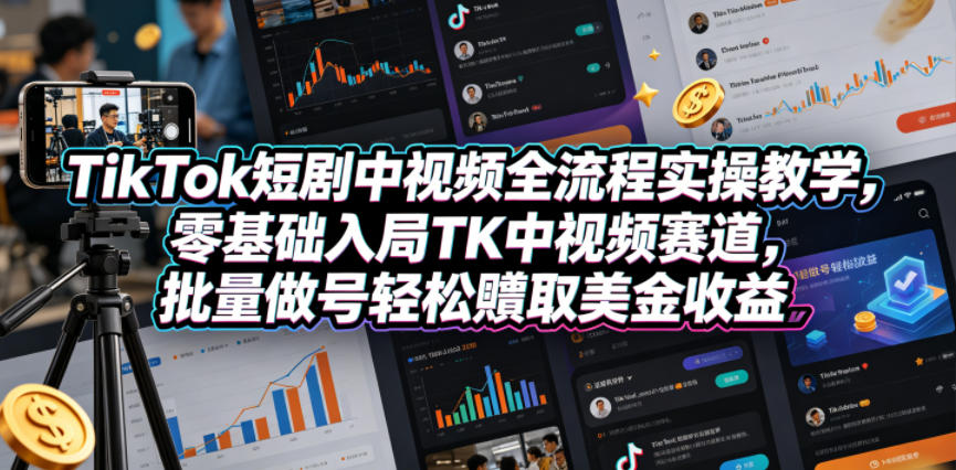 TikTok短剧中视频全流程实操教学,零基础入局TK中视频赛道,批量做号轻松賺取美金收益-副业网