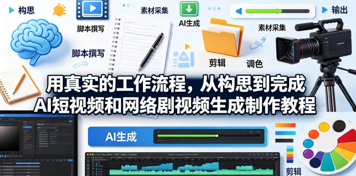 用真实的工作流程,从构思到完成AI短视频和网络剧视频生成制作教程-中英字幕-副业网