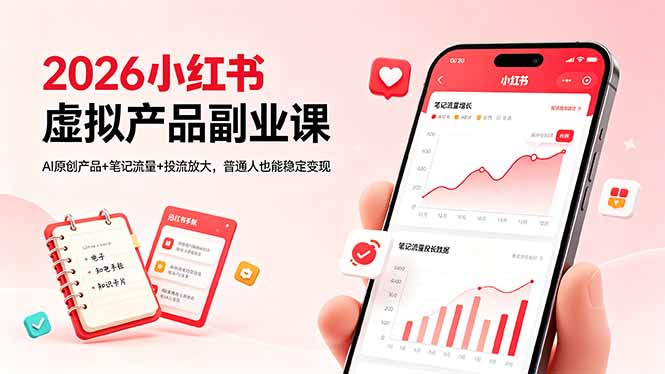 2026小红书虚拟产品副业课,AI原创产品+笔记流量+投流放大,普通人也能稳定变现-副业网