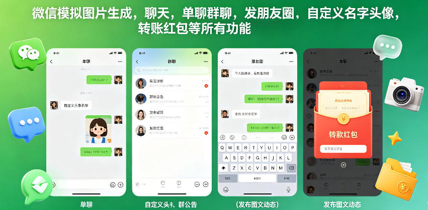 微信模拟图片生成，聊天，单聊群聊，发朋友圈，自定义名字头像，转账红包等所有功能都可以生成-副业网