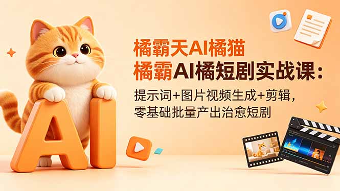 橘霸天AI橘猫短剧实战课:提示词+图片视频生成+剪辑,零基础批量产出治愈短剧-副业网