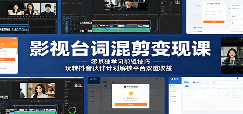 影视台词混剪变现课:零基础学习剪辑技巧,玩转抖音伙伴计划解锁平台双重收益-副业网