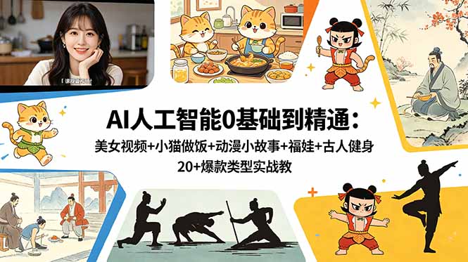AI人工智能0基础到精通：美女视频+小猫做饭+动漫小故事+福娃+古人健身，20+爆款类型实战教学-副业网