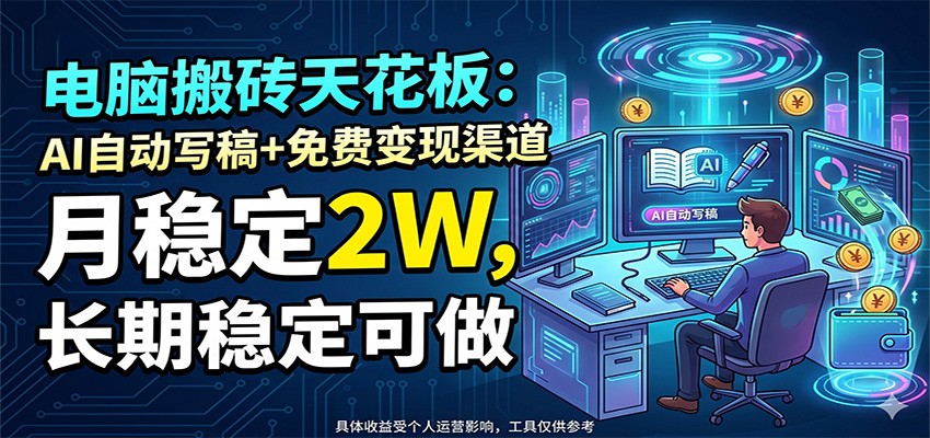 电脑搬砖天花板：AI自动写稿+免费变现渠道，月稳定2W，长期稳定可做-副业网