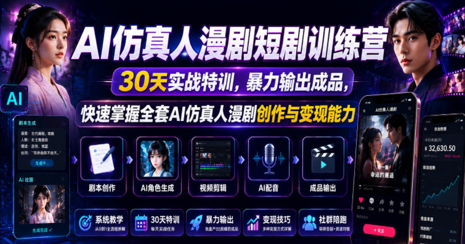 AI仿真人漫剧短剧训练营，30天实战特训，暴力输出成品，快速掌握全套AI仿真人漫剧创作与变现能力-副业网