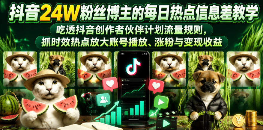 抖音24W粉丝博主的每日热点信息差教学，吃透创作者伙伴计划流量规则，抓时效热点放大账号播放、涨粉与变现收益-副业网