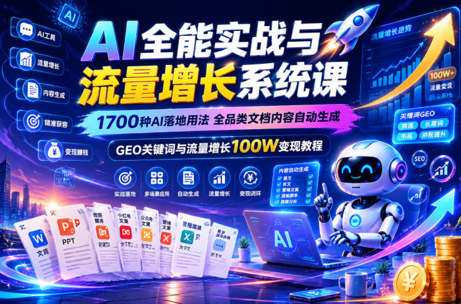 AI全能实战与流量增长系统课，1700种AI落地用法，全品类文档内容自动生成，GEO关键词与流量增长100W变现教程-副业网