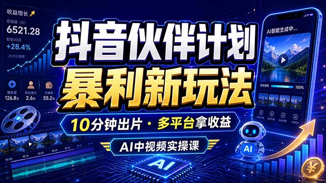 抖音伙伴计划最新玩法，无需配音剪辑，10分钟出一条原创视频，轻松日入三位数-副业网