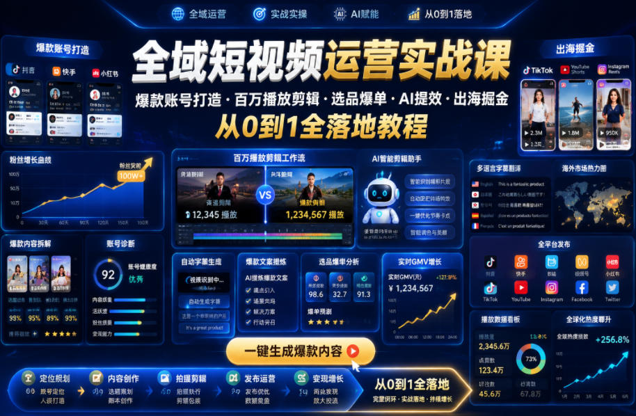 全域短视频运营实战课，爆款账号打造・百万播放剪辑・选品爆单・AI提效・出海掘金，从0到1全落地教程-副业网