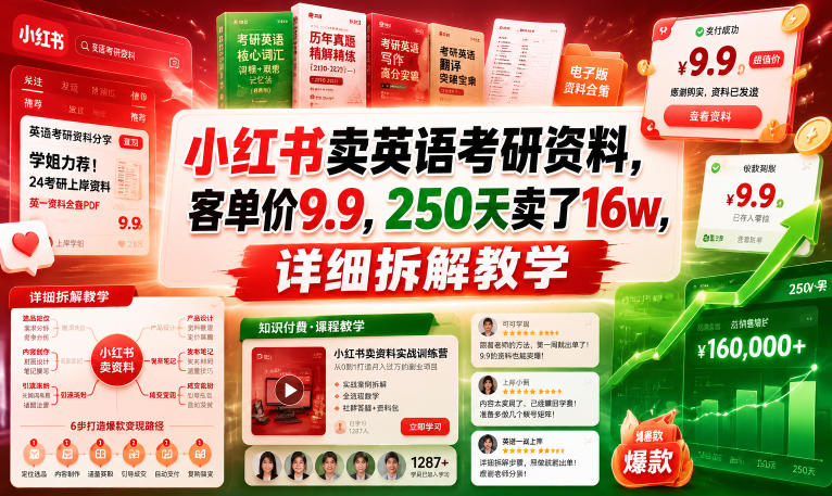小红书卖英语考研资料,客单价9.9,250天卖了16w,详细拆解教学-副业网