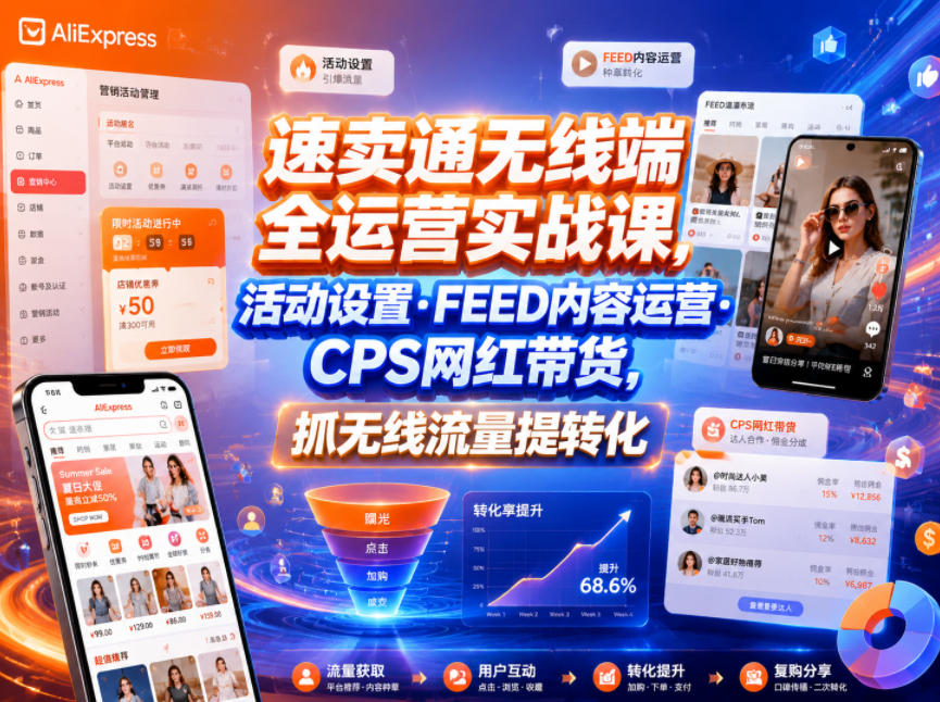 速卖通无线端全运营实战课，活动设置・FEED内容运营・CPS网红带货，抓无线流量提转化-副业网