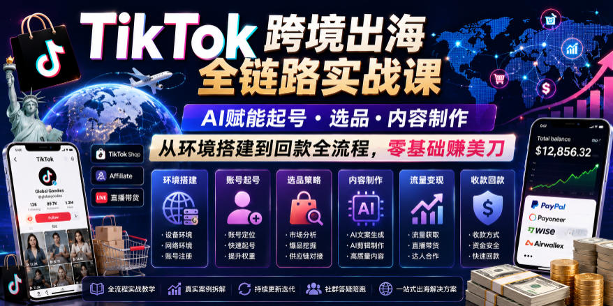 TikTok跨境出海全链路实战课，AI赋能起号・选品・内容制作，从环境搭建到回款全流程，零基础賺美刀-副业网